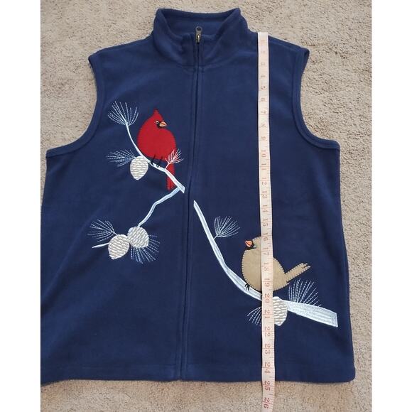 Rebecca Malone Size M Full Zip Fleece Vest Navy Blue w/Winter Birds - Picture 6 of 7